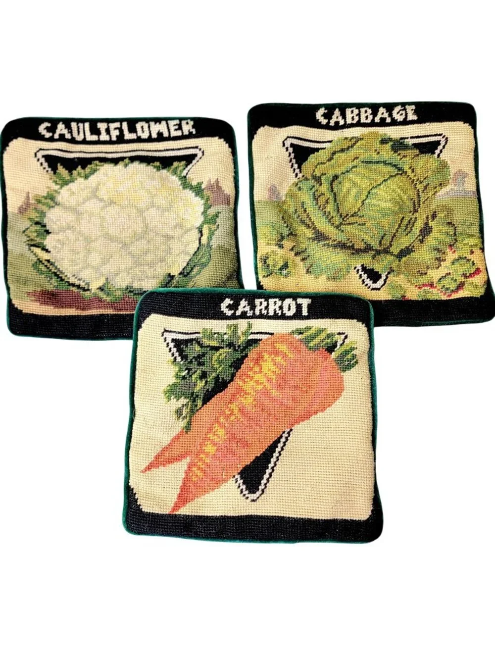 Vintage 90s Vegetable Pillow Case Set Carrot Cabbage Home Decor Velvet Burlap 3